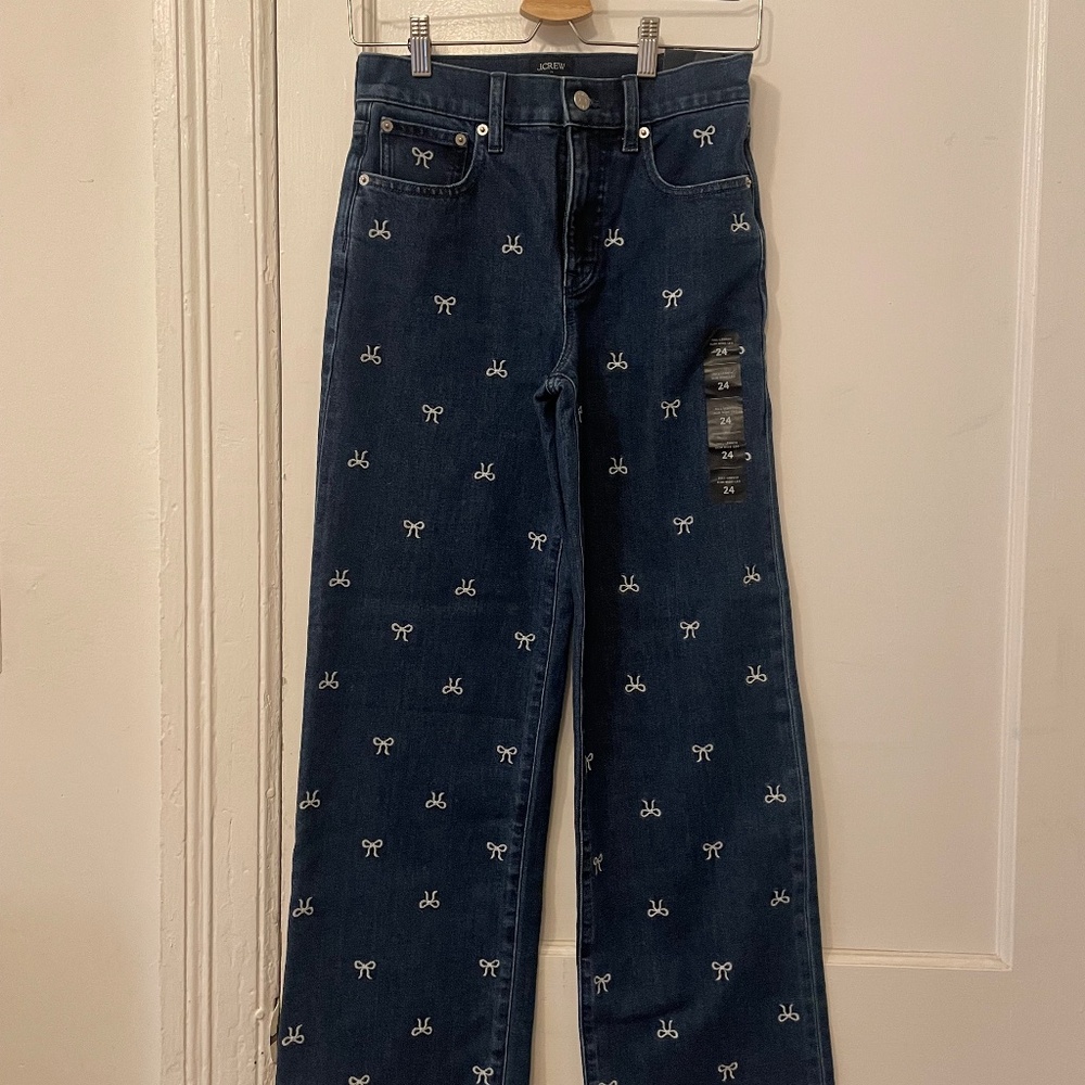 JCrew White Bow-Embroidered Slim Wide-Leg Jean